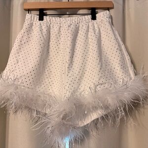 QUEEN OF SPARKLES White Feather Trim Shorts